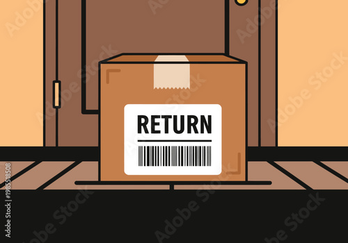 A brown cardboard box with a 'RETURN' label sits on a doorstep. Simple, graphic illustration. Ideal for delivery, returns, and logistics concepts.