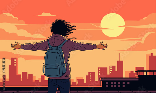 A young Asian teenager stands on a rooftop, arms outstretched, enjoying a vibrant sunset. A backpack and city skyline create a sense of freedom and youthful adventure.