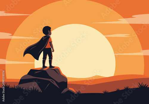 A brave young boy stands atop a rock, silhouetted against a vibrant sunset. He wears a cape, embodying a powerful moment. Dramatic, inspiring, and visually striking.