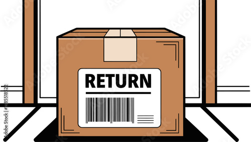 A brown cardboard box with 'RETURN' label sits on a doorstep, ready for delivery. Clear, simple graphic illustration. Ideal for shipping and logistics concepts.