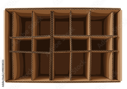 A brown corrugated cardboard box with dividers showcases an organized interior. Ideal for product packaging and shipping displays. Clean, modern, and commercially viable.