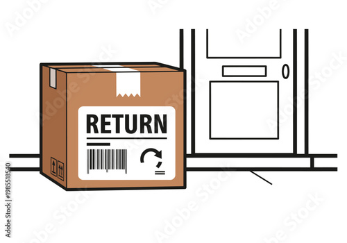 A brown cardboard box with 'RETURN' label is delivered to a doorstep. Clear, simple illustration for shipping and logistics concepts. Doorstep delivery.