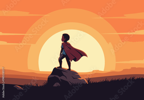 A brave young boy stands atop a rock, silhouetted against a vibrant sunset. He wears a superhero cape, embodying courage and hope. A powerful, uplifting image.