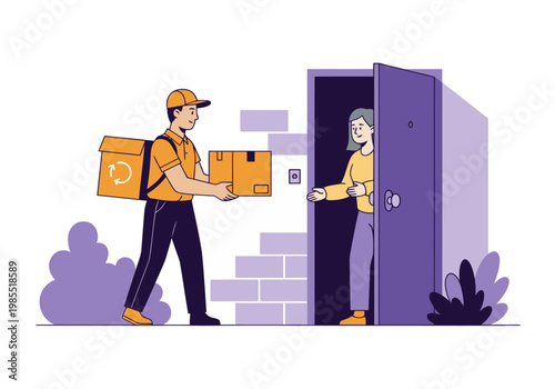 A courier delivers a package to a woman at her door. A friendly exchange highlights convenience and delivery service. Modern illustration style.