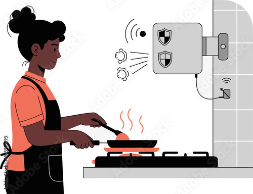A woman cooks in a kitchen, monitored by a CO2 sensor. Illustrative design showcasing kitchen safety and air quality monitoring. Modern, clean style.