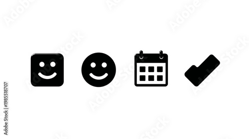 Set of minimalist black glyph icons: happy face emojis, square and round, a calendar symbol, and a checkmark, ideal for web UI and app design.