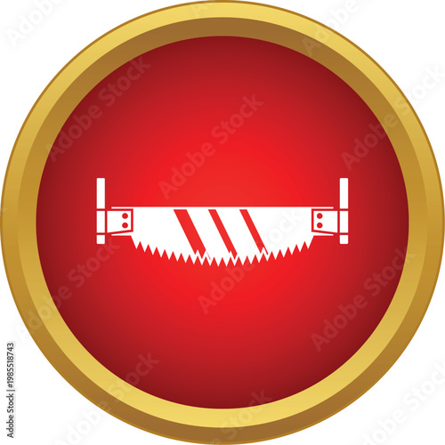 Two man crosscut saw icon symbolizing cutting, carpentry, and construction in a red circle