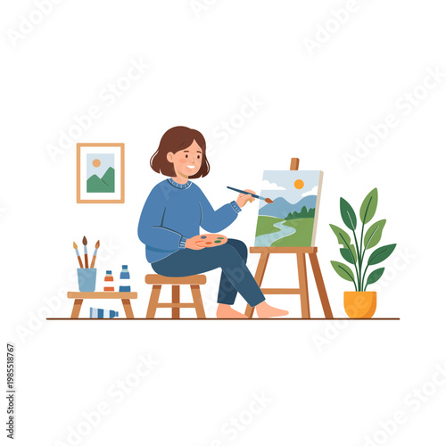 A woman paints a serene landscape on canvas in her studio