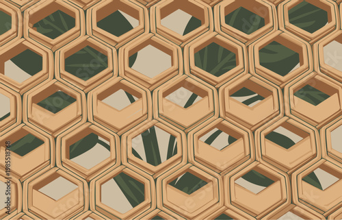 Detailed rattan weave pattern creates a textured backdrop. Hexagonal openings reveal green foliage. Modern, geometric design suitable for backgrounds and textures.