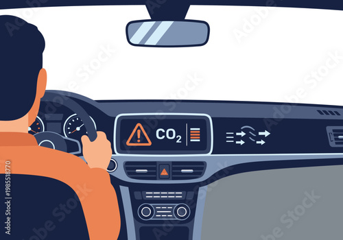 A driver monitors a car's CO2 cabin monitor display. The image showcases a modern dashboard with a warning indicator and air flow icons. Clean, professional, and informative.