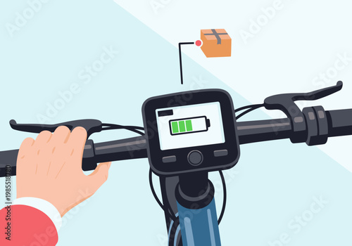 An ebike dashboard displays delivery status alongside battery level. A cyclist rides, showcasing a modern electric bike and digital interface. Clean, bright, and informative.