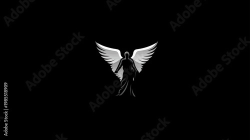 Mystical angel silhouette with outstretched wings against a dark background, representing spirituality and protection