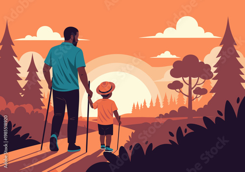 A father and son enjoy a sunset walk, guided by the father's hand. A heartwarming scene of connection and nature. Perfect for family, outdoor, and lifestyle imagery.