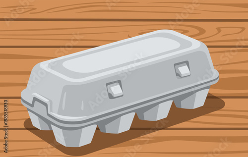 A gray pressed pulp egg carton rests on a wooden surface. Clean, modern illustration style. Ideal for packaging, design, and lifestyle concepts.