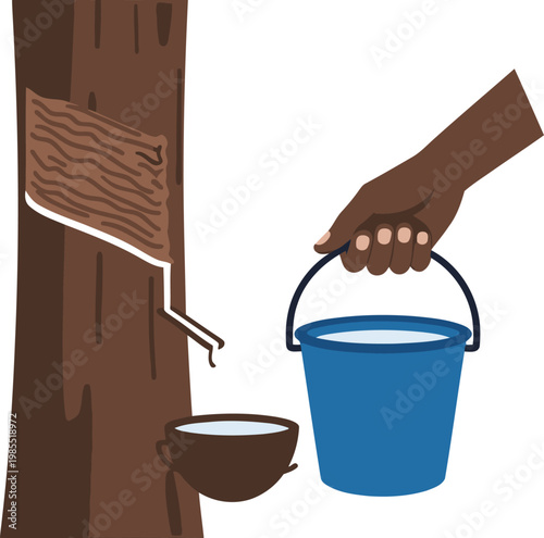 A hand collects natural tree sap from a rubber tree, pouring it into a bucket. Rustic, natural scene. Ideal for nature, agriculture, and product visuals.