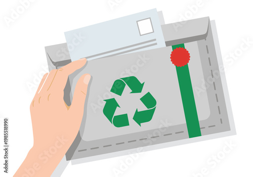 A hand delivers a recycled paper mailer envelope. Clean, modern illustration with a focus on sustainability and eco-friendly practices. Perfect for marketing materials.