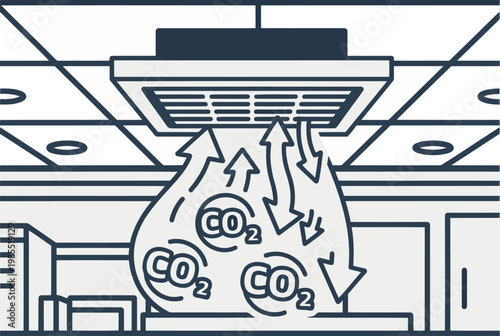 Illustration depicts ventilation removing CO2, showcasing a clean, modern design.  Focuses on airflow and air purification.  Ideal for health, sustainability, and technology concepts.