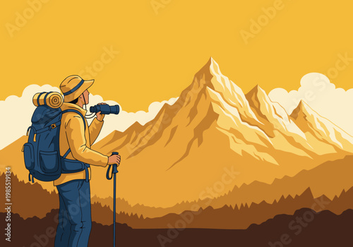 A hiker gazes at a majestic mountain sunset, using binoculars. A vibrant, detailed illustration evokes adventure and tranquility. Perfect for travel and outdoor themes.
