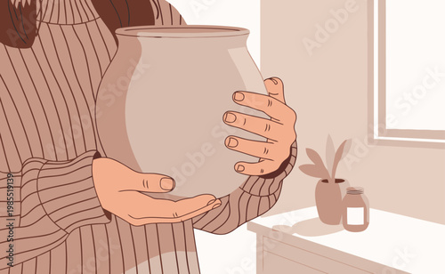 A woman holds a handmade pottery vase, showcasing a beautiful craft. Warm tones and a simple composition create a visually appealing image.