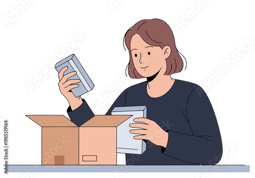 A woman inspects a returned item in a cardboard box. She?s focused and examining the contents. Clean, modern illustration.