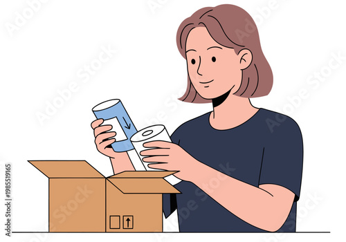 A young woman inspects returned items in a cardboard box, smiling. Clean, modern illustration style. Focus on product quality and customer service.