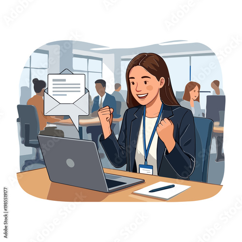 A woman celebrates receiving an email on her laptop in a bustling office environment.