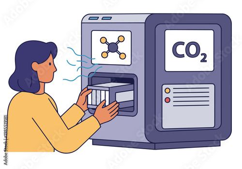 A woman interacts with a modern CO2 air purifier filter, promoting clean air and a healthy lifestyle. Bright, clean design with a focus on environmental wellness.