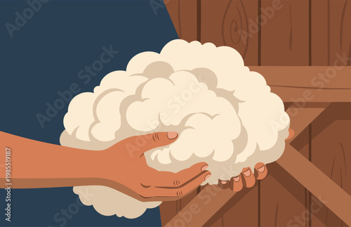 A man holds a raw wool fiber bundle, showcasing its texture and softness. Rustic wooden background. Ideal for textile, crafting, or natural fiber themes.