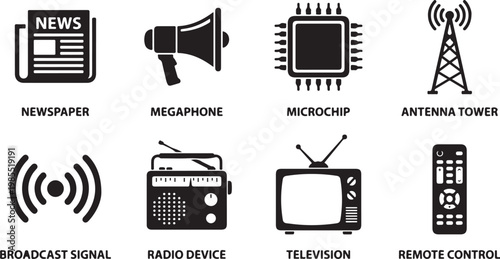 Media icons, communication symbols, news and broadcasting vector graphics, technology and radio elements