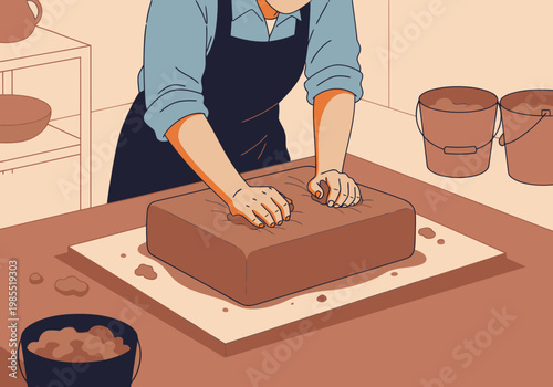 A potter kneads clay on a workbench, preparing for pottery. Two buckets of clay sit nearby. A clean, instructional illustration.