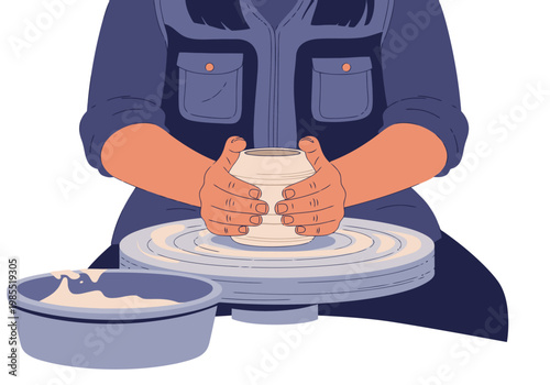 A potter centers clay on a spinning wheel, demonstrating a traditional craft. Focused hands and a simple, elegant design create a visually appealing image.