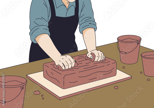 A potter kneads clay on a workbench, preparing for pottery. Warm tones and a focused workspace create a tactile, artisanal feel. Perfect for craft or hobby themes.