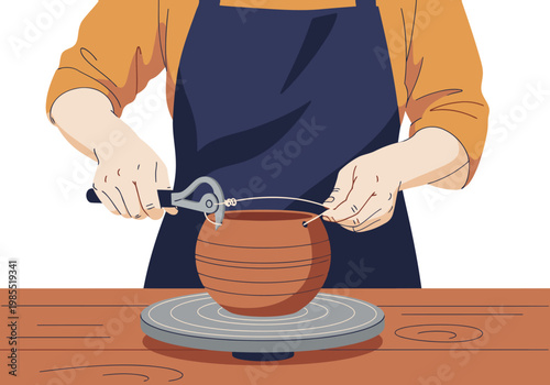 A potter skillfully centers clay on a spinning wheel, demonstrating a traditional craft. Focused hands and a dark apron create a dynamic, artistic image.