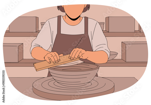 A potter shapes a bowl using a rib tool on a spinning wheel. Focused detail showcases pottery shaping technique in a studio setting.