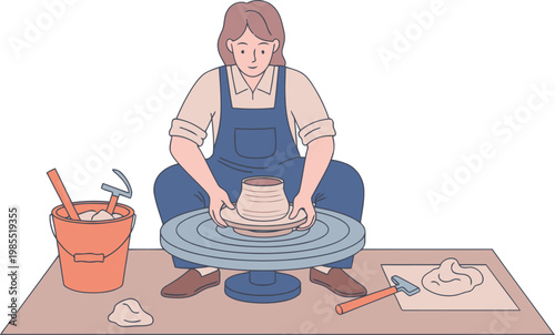 A potter skillfully centers clay on a spinning wheel, preparing for shaping. Focused, hands-on craftwork.  Detailed illustration.