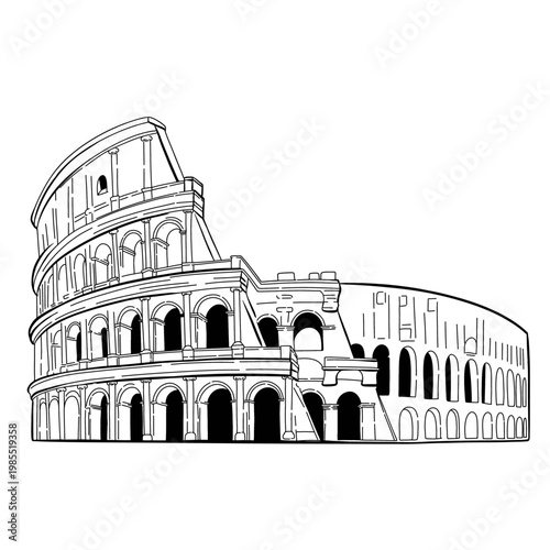 Colosseum Rome Landmark Black and White Vector, Outline Line Art Illustration, Travel Architecture Clipart Isolated