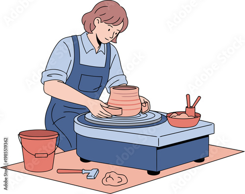 A female potter skillfully centers clay on a spinning wheel, preparing for shaping. Focused and serene, she uses a bat for precise control. A rustic workspace provides a calming backdrop.