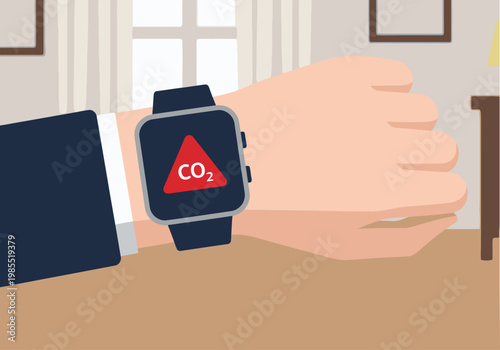 A professional man wears a smartwatch displaying a CO2 alert. Modern, clean design. Focus on the smartwatch and alert. Suitable for health, technology, and safety concepts.