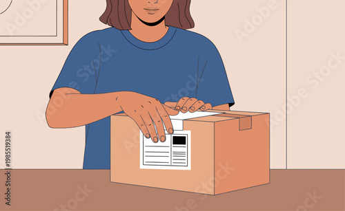 A young woman prepares to return a package, attaching a shipping label to a cardboard box. Clear, focused image for commercial use.