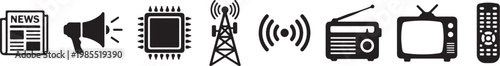 Media icons, communication symbols, news and broadcasting, technology vector graphics