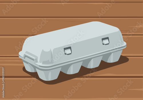 A pressed pulp egg carton rests on a wooden surface. Clean, modern illustration style. Ideal for packaging, food, or design projects.