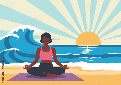 A serene woman meditates on a beach at sunrise. Peaceful, vibrant colors evoke wellness and tranquility. Ideal for health, mindfulness, and lifestyle content.