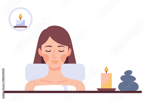A serene woman enjoys a spa treatment, bathed in candlelight. Peaceful expression, relaxation, and wellness are emphasized. Soft, calming colors and a minimalist setting.