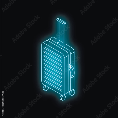 Glowing neon blue suitcase symbolizing travel, tourism, and vacation on a dark background