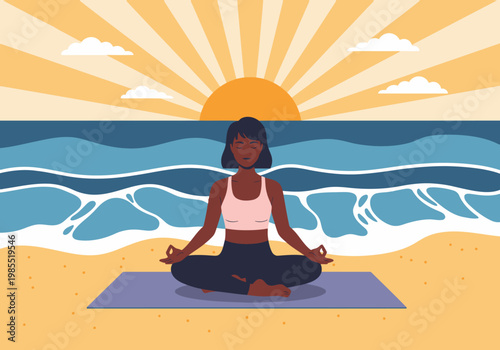A serene woman meditates on a beach at sunrise. Peaceful wellness and mindful relaxation are beautifully captured in this vibrant, coastal scene. Perfect for health & wellness marketing.