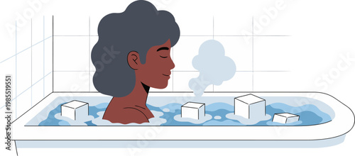 A serene woman relaxes in a warm bath with floating cubes. Soft steam fills the bathroom, creating a calming atmosphere.  Focus on relaxation and wellness.