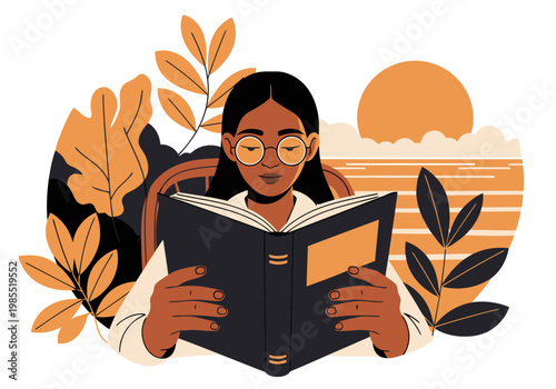 A serene woman reads a book during golden hour, creating a peaceful and inviting scene. Warm colors and a relaxed atmosphere evoke tranquility and focus.