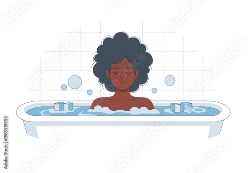 A serene woman relaxes in a warm bath, enjoying a moment of tranquility. Bubbles float in the water, creating a peaceful atmosphere. Soft colors and a minimalist style.