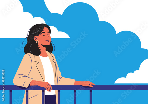 A serene woman relaxes on a balcony, breathing fresh air. She?s dressed professionally, enjoying a moment of calm amidst a blue sky and fluffy clouds. A stylish, peaceful scene.