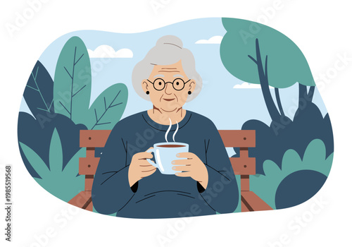 A serene senior woman enjoys a cup of tea outdoors, radiating warmth and wellness. A peaceful scene of relaxation and contentment.